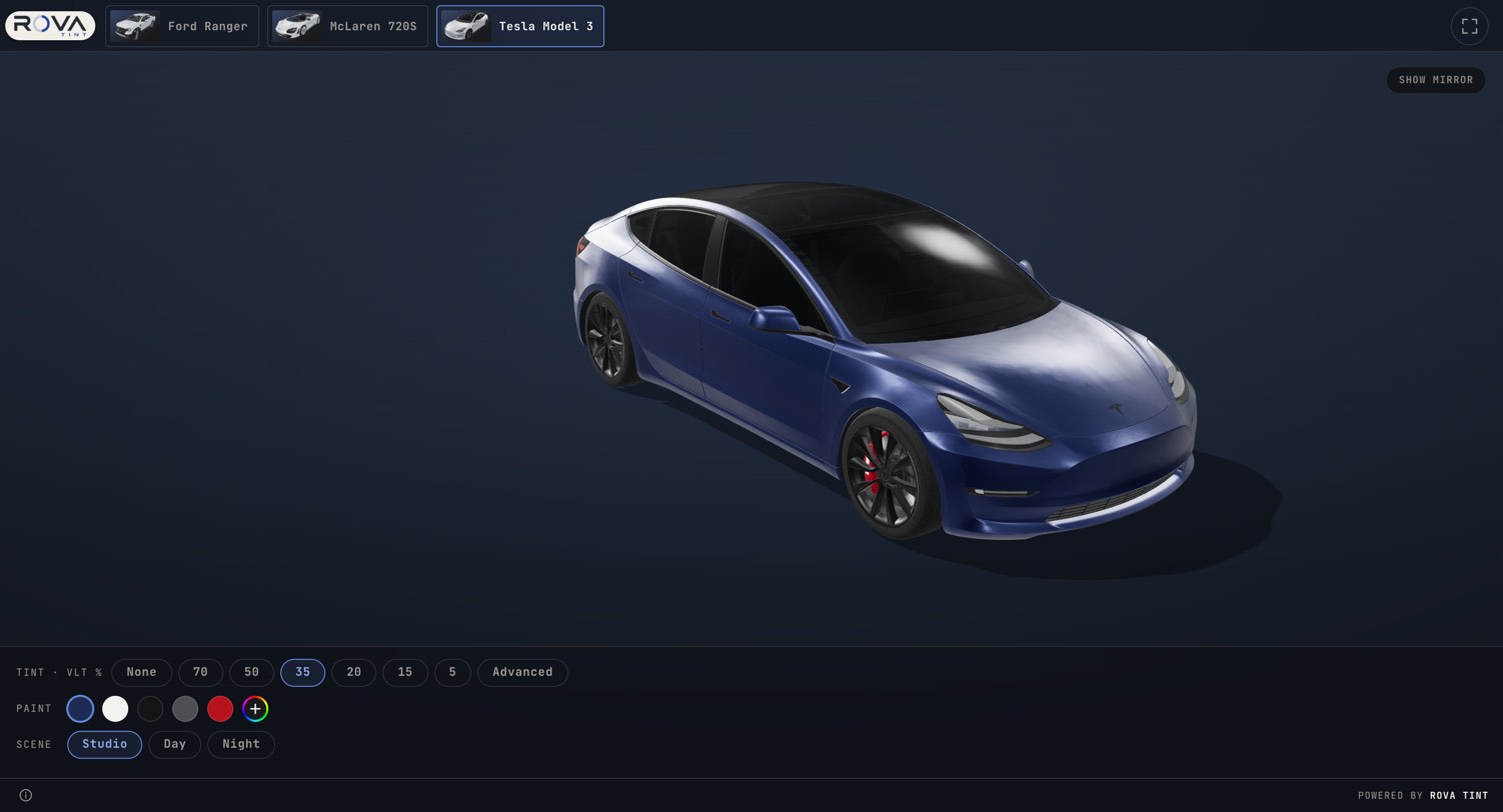 The Rova Tint simulator showing a tinted Tesla Model 3 with the tint, paint and scene controls
