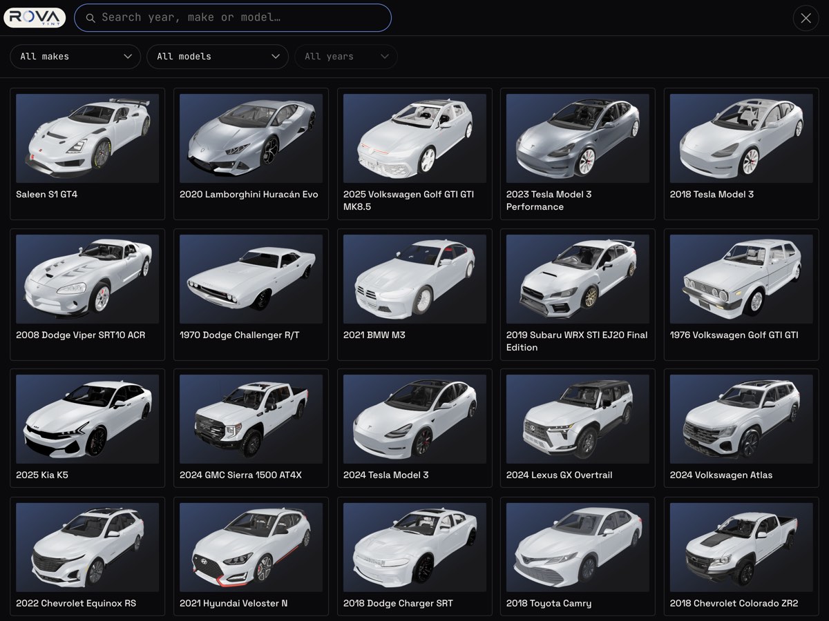 Searching the full vehicle catalog in the Rova Tint simulator