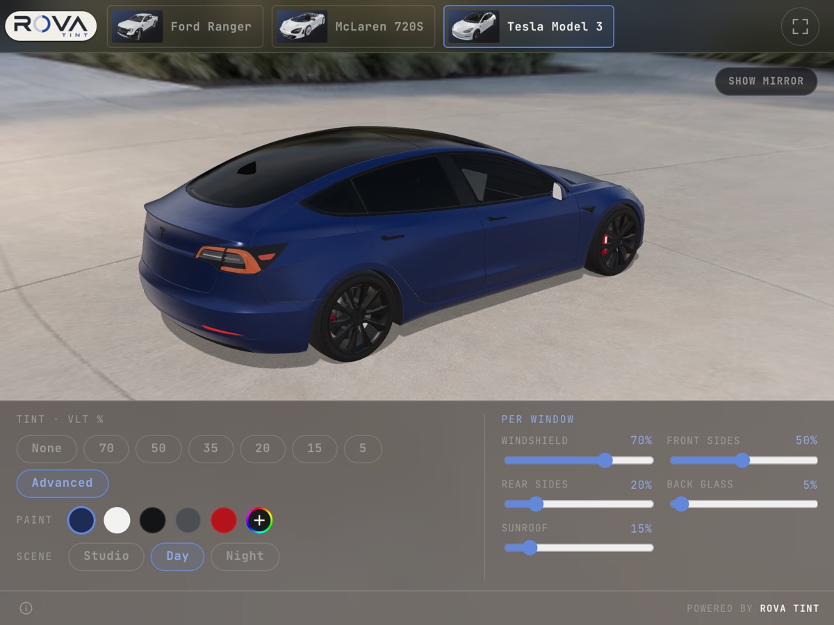 The per-window tint controls on a Tesla Model 3, each window set to its own VLT