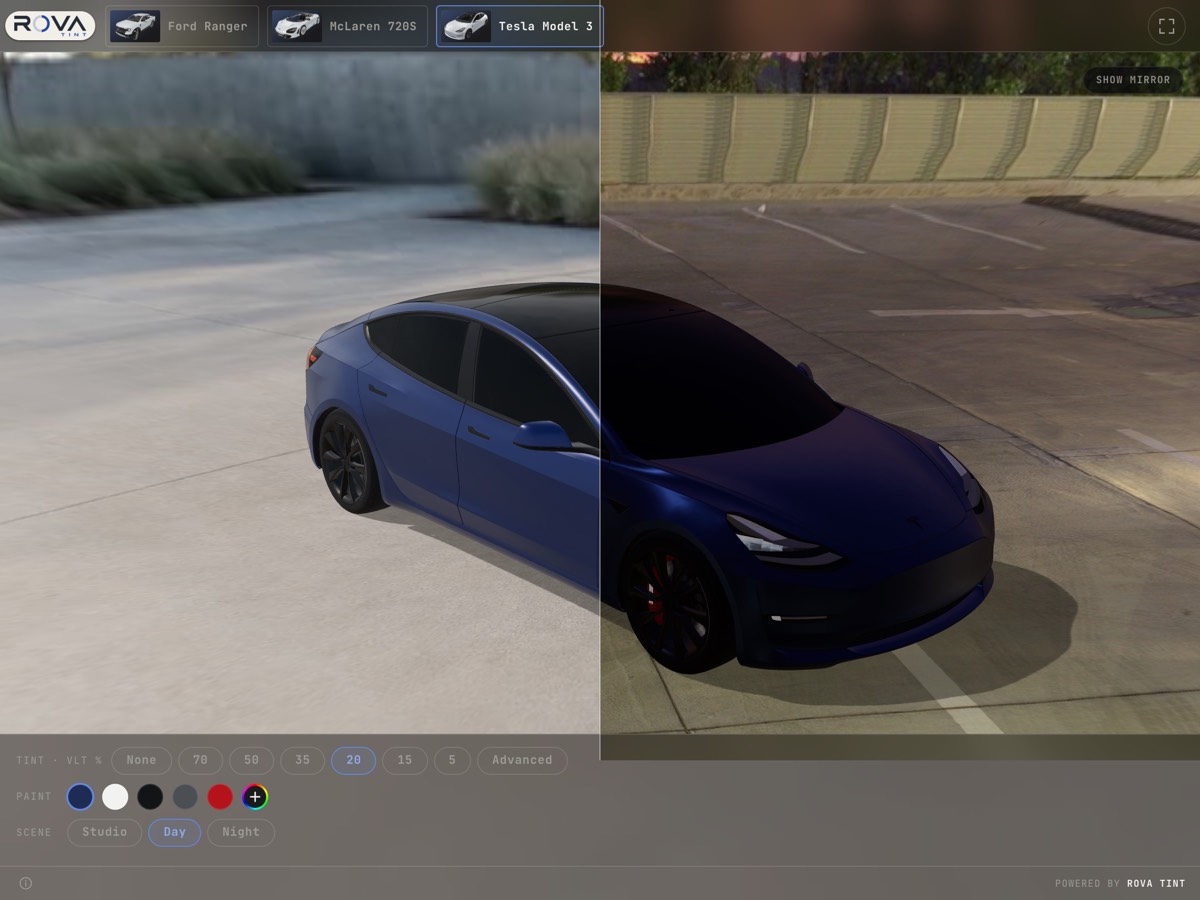 One Tesla Model 3 at 20% VLT split down the middle — the left half in daylight, the right half at night, so the same film can be judged in both